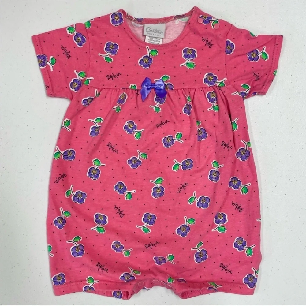 New Vintage Carters Romper Girls 9-12M Violets Pink Purple Made in USA Flowers
